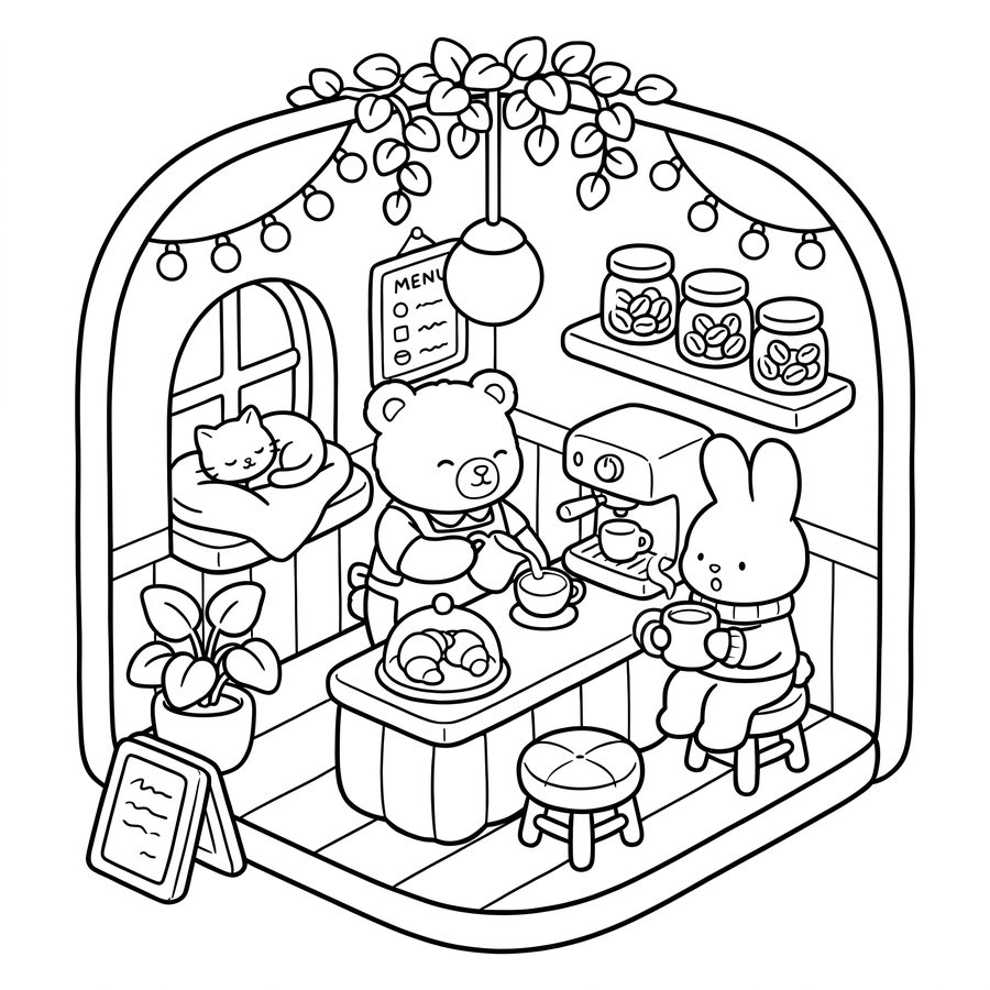 A My Little Coffee Shops page, ready to color