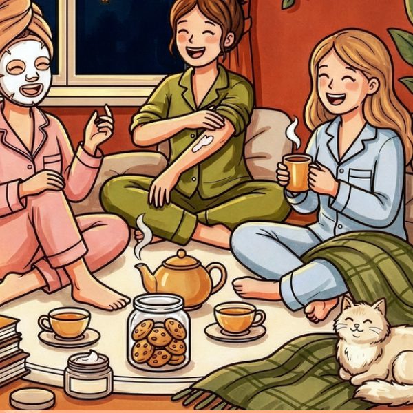 The My Cozy Cocoon illustration in color: pajama night with friends