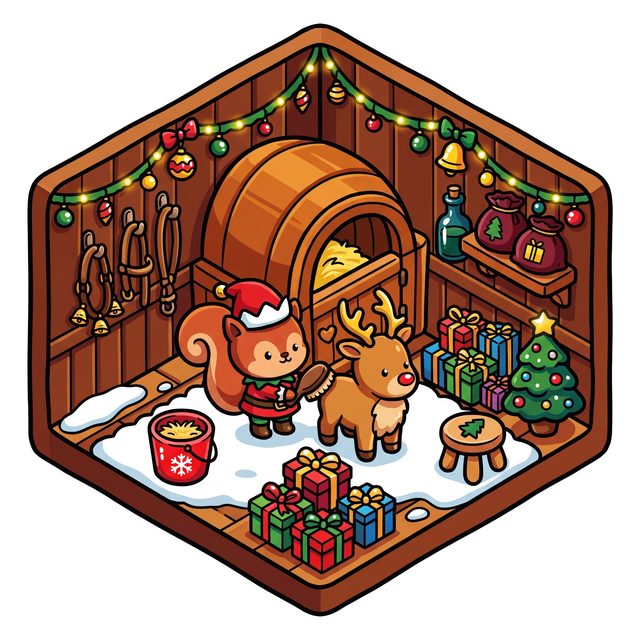 A scene from My Cozy Christmas in color: squirrel and reindeer in a decorated stable